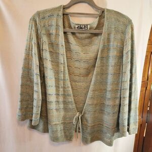 VINTAGE 212 NEW YORK, OPEN KNIT CARDIGAN, FRONT TIE, SIZE XL, TEAL/TAN/CREAM